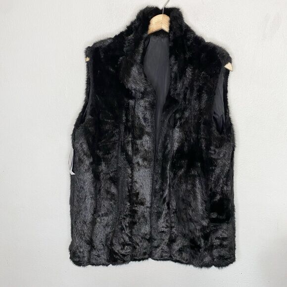 Suzanne Somers Black Faux Fur Reversible Vest Open Front Pockets Women’s Medium - Picture 2 of 14